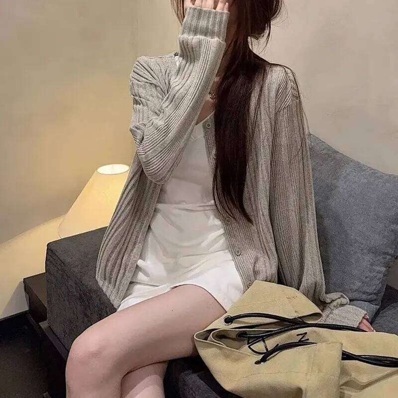 Basic Korean Solid Color Knitted Cardigan Autumn New Casual V-Neck Women's Clothing Long Sleeve Vintage Single-breasted Sweaters Z260313