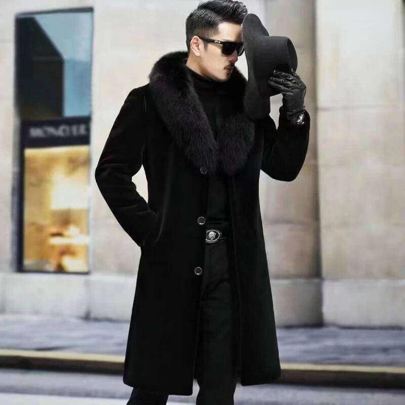 Men Winter Warm Luxury Brand Faux Fur Jacket Black High-end Thick Trench Coat Buttons Long Sleeve Outerwear Jackets New Z260313