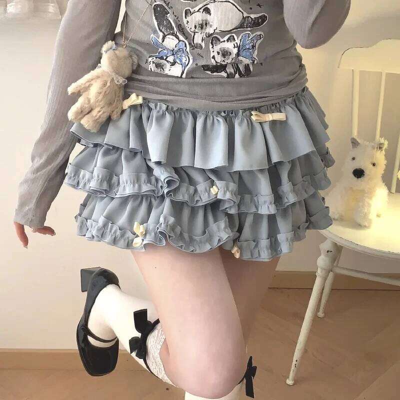 Japanese Women Y2K Sweet Ruffles Mini Lolita Kawaii Bow A Line Skirts Harajuku Cute High Waist Casual Elegant Cake Skirt Z260314