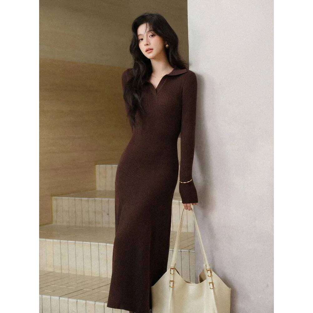 Women Elegant V Neck Ribbed Knit Maxi Lady Slim Fit Long Sleeve Sweater Dress Chic Casual Early Spring Daily Wear Style Z260313
