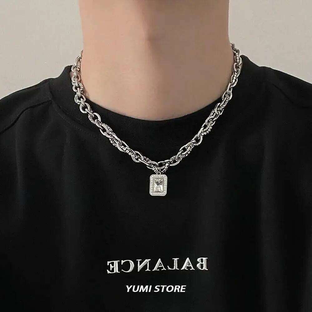 Hip Hop Square Zircon Necklace For Men Women Titanium Steel Male Pendant Sweater Chain Jewelry Charm Kpop Unisex Accessories H260312