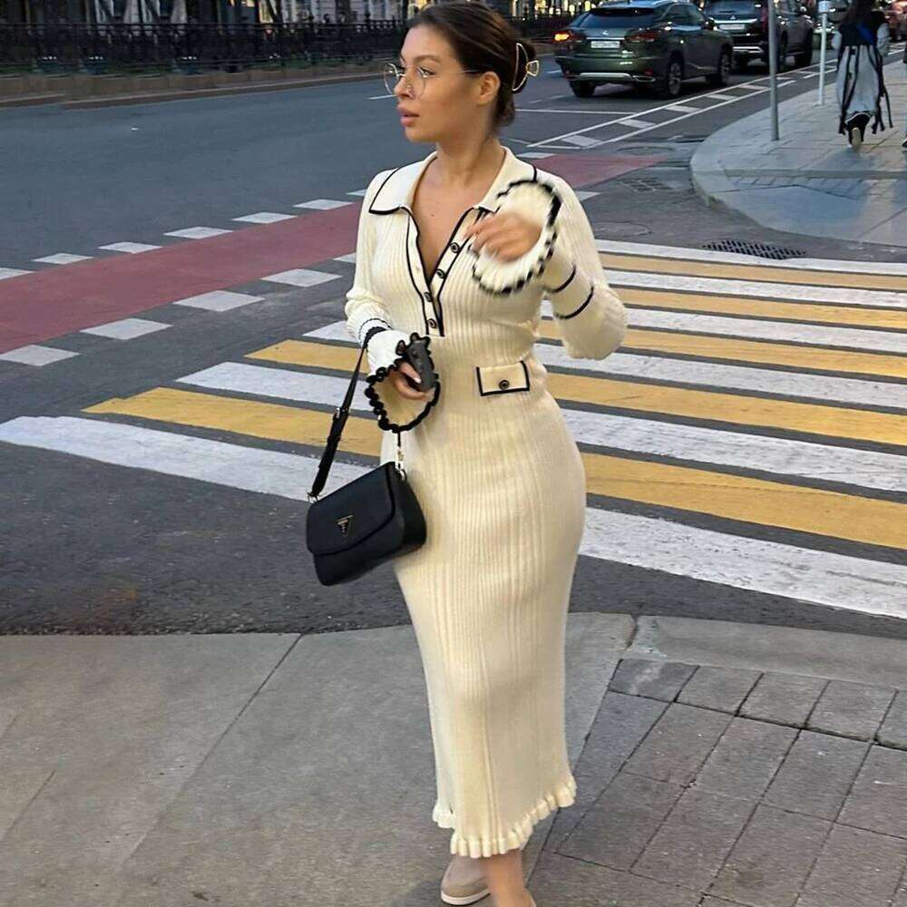 Talenza Ruffle Lapel Women's Elegant Long Sleeve Vintage Fashion Contrast Pocket High Waist Knitted Dress Z260313