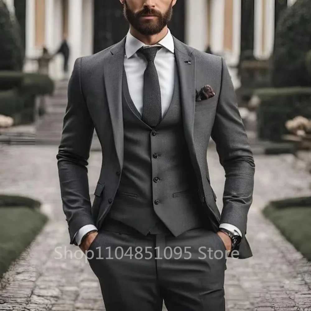 MenS Trend Personality 3 Piece Slim Fit Suits Business Wedding Party Tuxedos Blazer Vest Pants Solid Color Elegant Man Clothes M260313