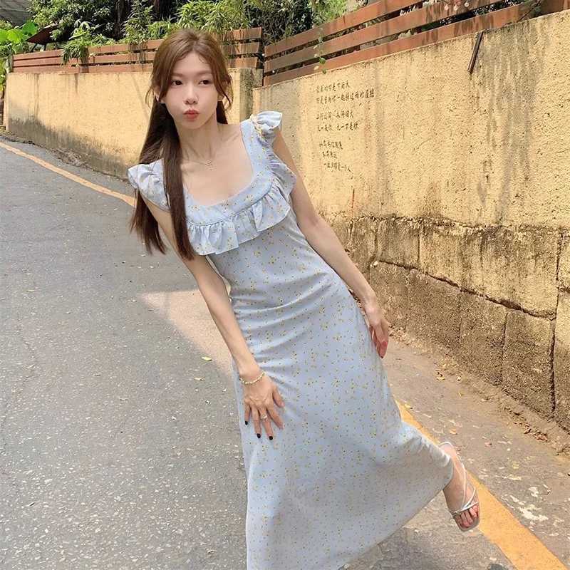 Women Elegant Baby Blue Floral Maxi Dress Lady Feminine Ruffle Trim Square Neck A-Line Dress Female Prairie Chic Party DressT260316