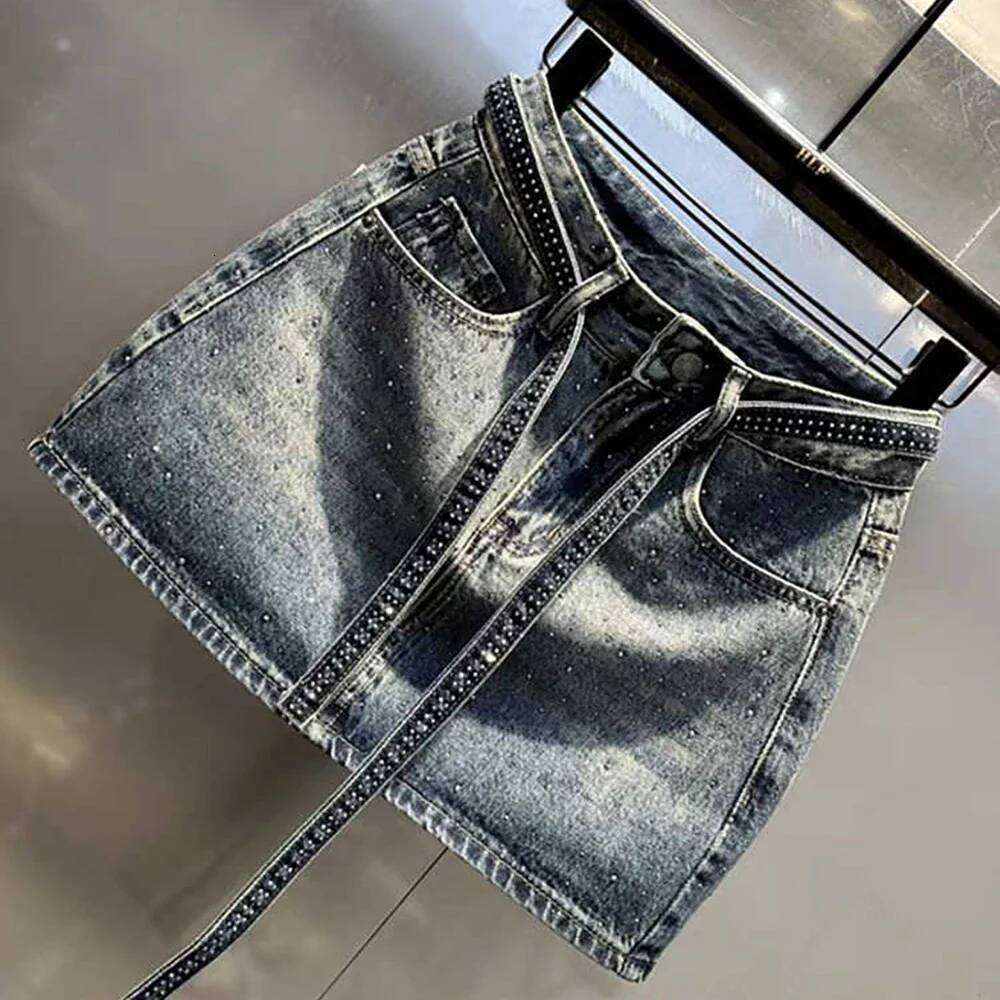Oversize Retro Denim Mini Skirt for Women Summer High Waist Shiny Rivet Slim Gradient Black Grey Jean Skirts Z260314