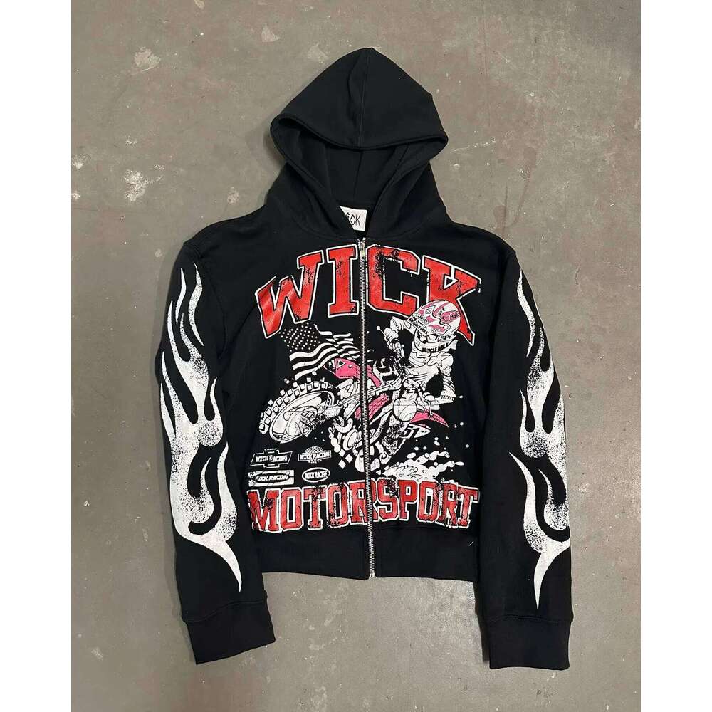 Y2K retro autumn black hoodie printed personality pattern style street hooded cardigan long sleeves trousers sportswear Z260314