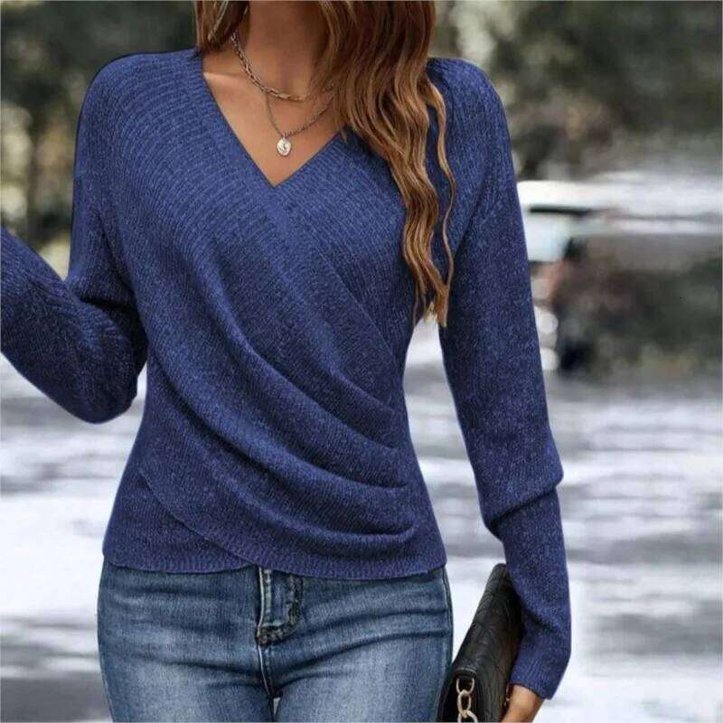 Elegance Woman For Knitted Sweater Spring Autumn Cross-design V-neck Solid Color Slim Tops Long Sleeve Office Lady Knitting Top Z260313