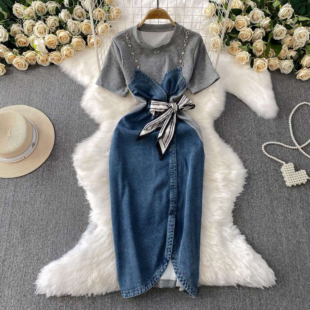 Designer style retro color blocked denim women's spliced round neck dress, summer tie for slimming and elegant slit