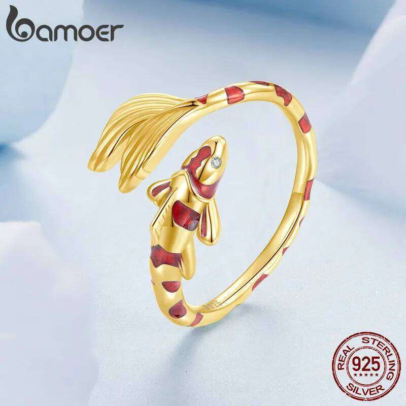 Bamoer 925 Sterling Silver Red Enamel Koi Opening Lucky Fish Tail Adjustable Ring for Women Birthday Gift Fine Jewelry H260312