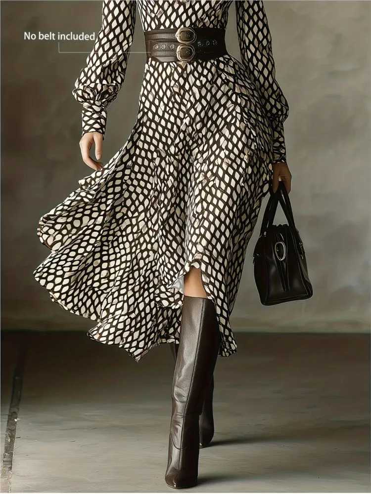 Lantern Long Sleeve Dress New Style Lapel Print Womens Long Sleeved Elegant Lapel Collar Dress Casual And Comfortable DressesT260314