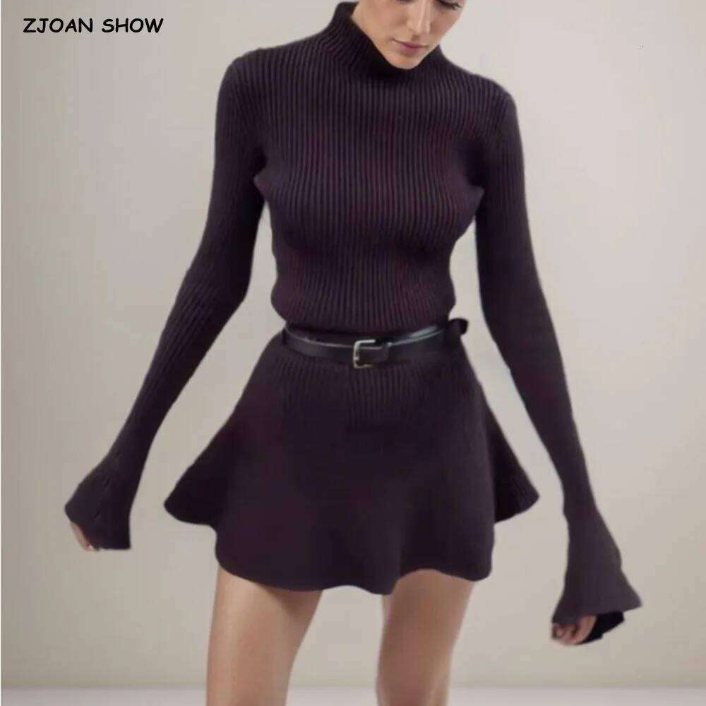 2025 Sexy High Collar Rib Line Knitted Long Flare Sleeve Sweater Dress Women Slim Waist Swing Short Dresses Knitwear Robe Brown Z260313