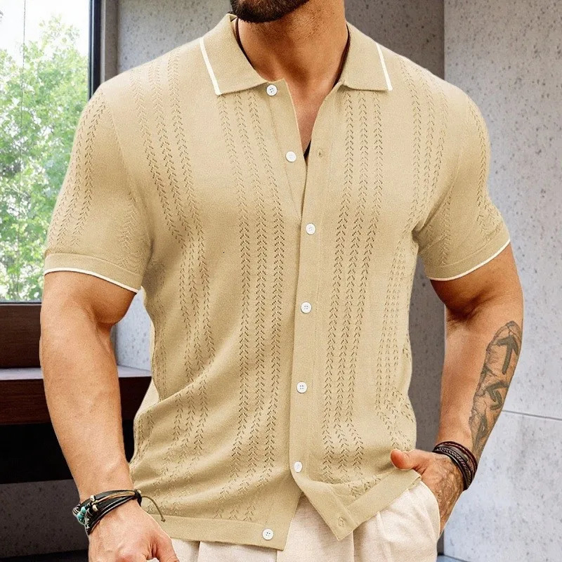 Summer Mens Knitted Polo Shirt Short Sleeve Light y Business Cardigan Tops Trendy Hollowedout Breathable Premium Knitwear 260312