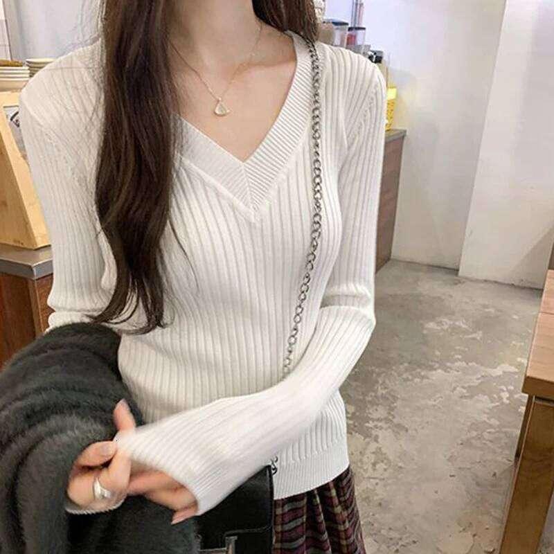 Chic V Neck Knit Sweater Women Korean Solid Simple Office Lady Long Sleeve Pullovers All Match Slim Fit Gentle Bottoming Jumpers Z260313