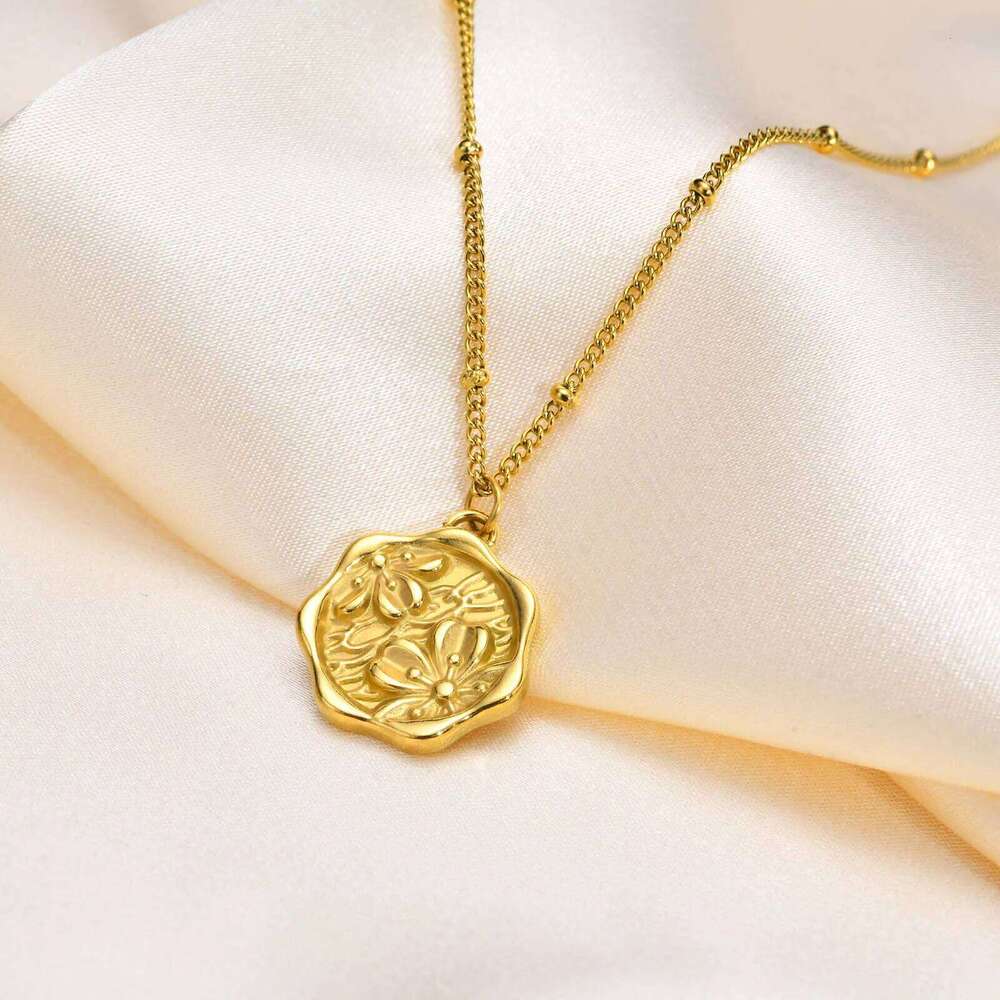 Coin Pendant Flower Necklace for Women,Satellite Chain Link, Stainless Steel 14k Gold Plated Jewelry Not Fade H260312