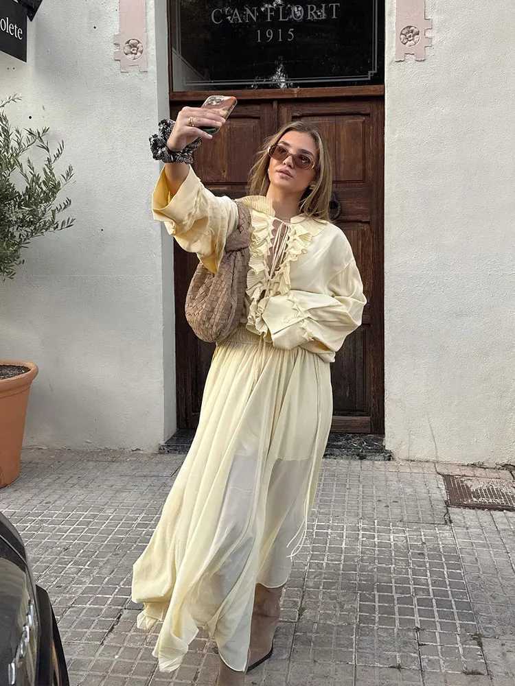 HH Women Elegant Yellow Ruffles Lace-up Blouse Skirts Sets Long Sleeve V Neck Shirt Pleated Midi Skirt 2025 Women Outfits M260313