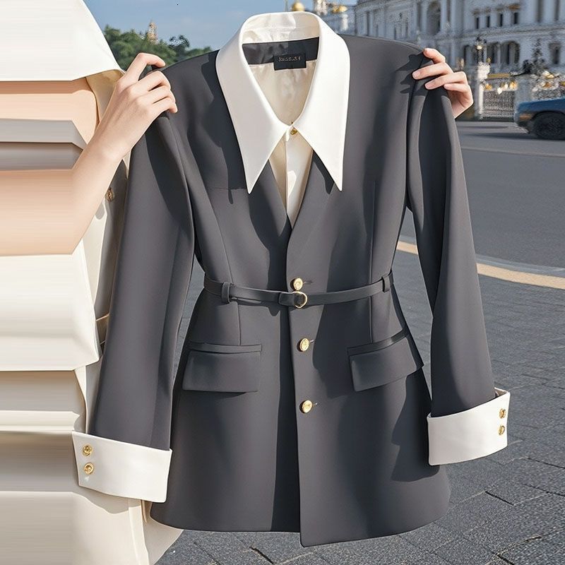 Luxury Brand Designer Clothes 2024 Early Autumn Little Style Black Fake Two-Piece Blazer Women's Niche Design Korean Style Waist-Cinching Small B
