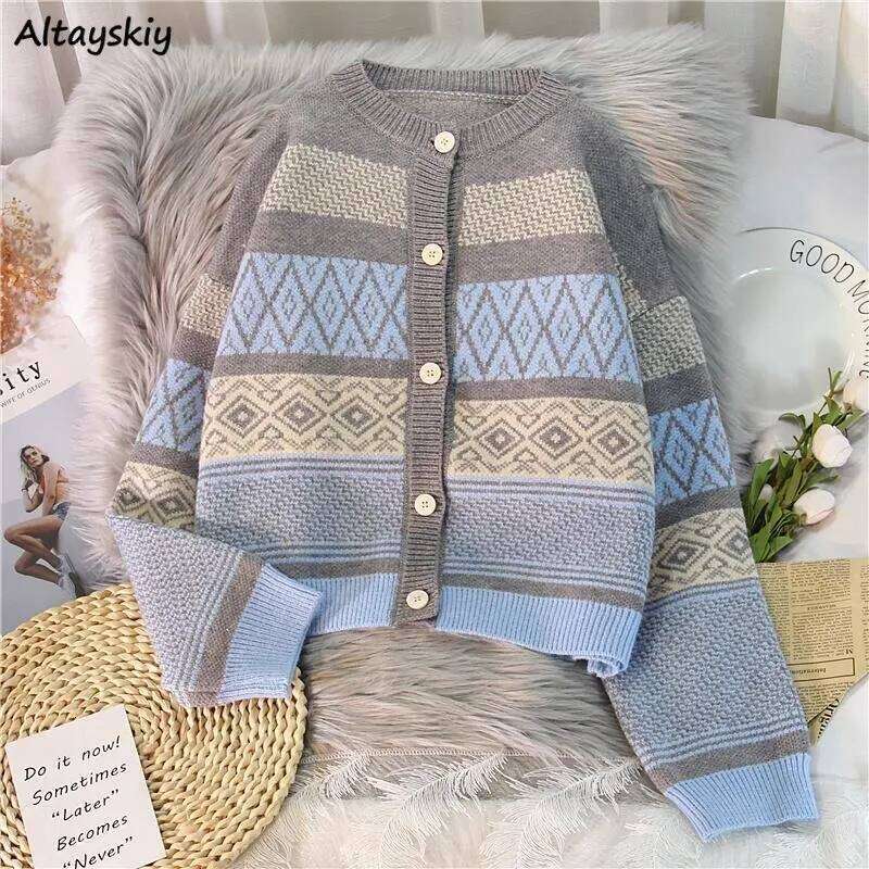 Striped Panelled Cardigan Women Vintage Design Casual Retro All-match Females Aesthetic Stylish Temperament Sweaters Clothing Z260313