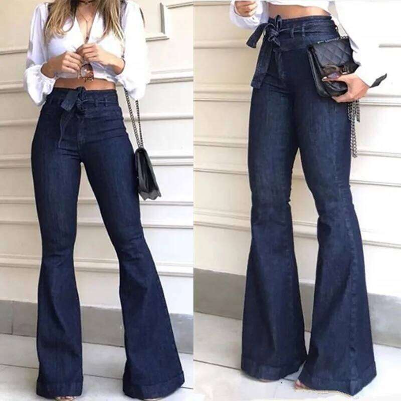 Elegant High Waist Lace-up Flare Pants For Women Hip Package Commuting Bell Bottom Denim Trousers 2025 Fashion Female Streetwear Z260313