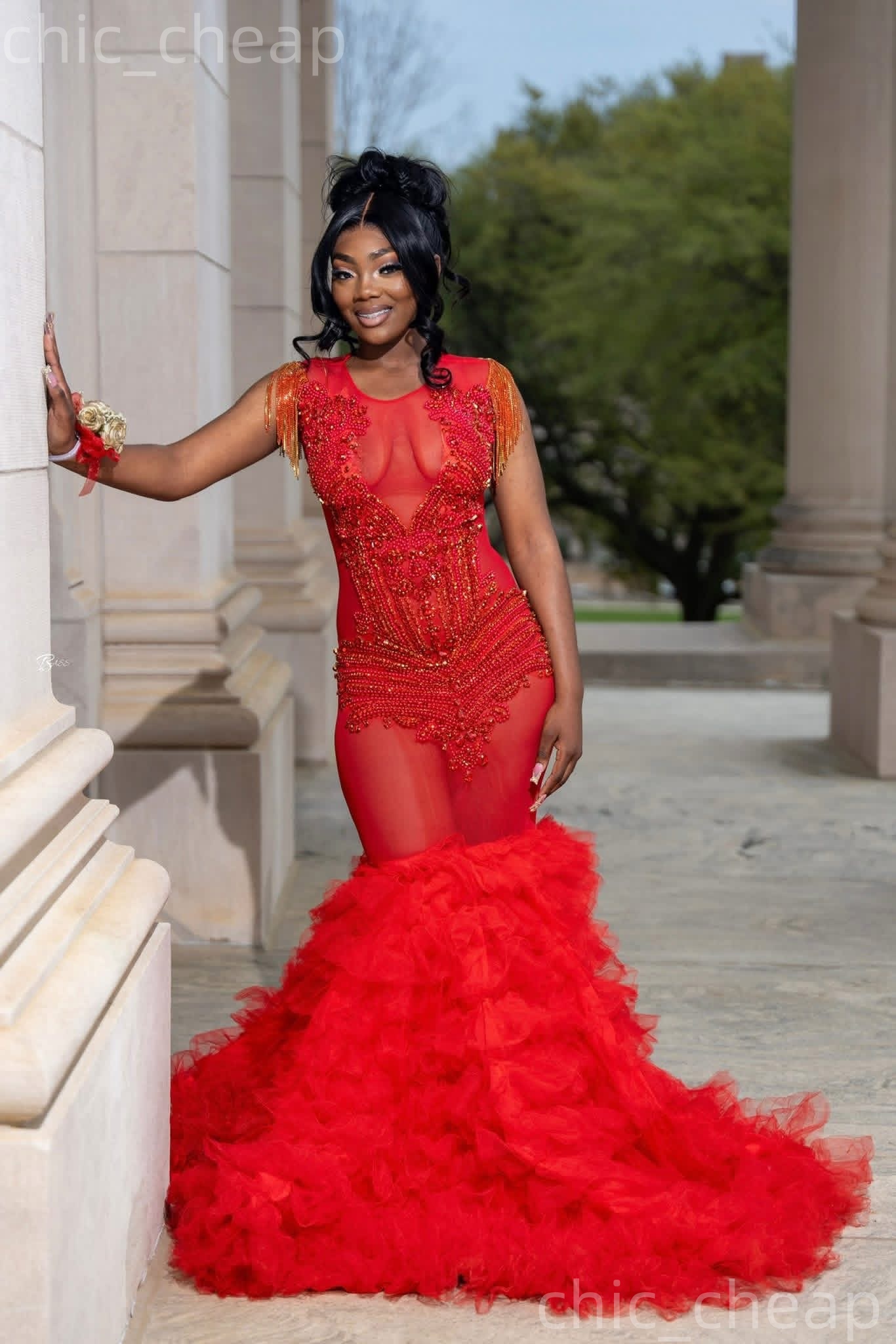 2K26 Red Prom Dress 2026 Mermaid Prom Dress Beaded Crystals Tiers See Through Evening Dresses Birthday Party Formal Receiption Gowns Dresses ZJ078