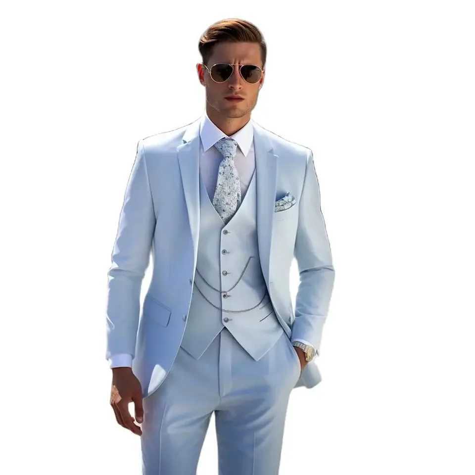 Sky blue suit mens lapel single breasted elegant three-piece jacket trousers vest slim-fit wedding dress M260313
