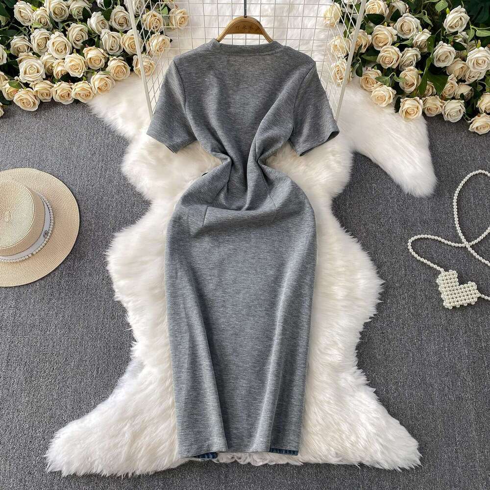 Designer style retro color A12 blocked denim women's spliced round neck dress, summer tie for slimming and elegant slit