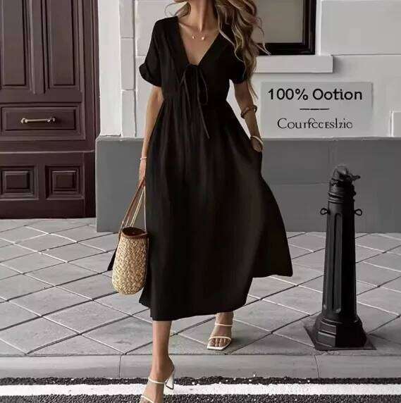 Vintage Solid Midi Summer Fashion V-neck Short Sleeve Cotton Dress Ladies Casual Holiday Vestidos Women Clothing Z260313