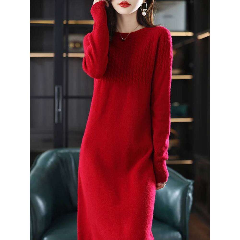 Round Neck Cashmere Women's Long Pullover Sweater Autumn And Winter New Knitted Knee-Length Pure Wool Dress Z260314