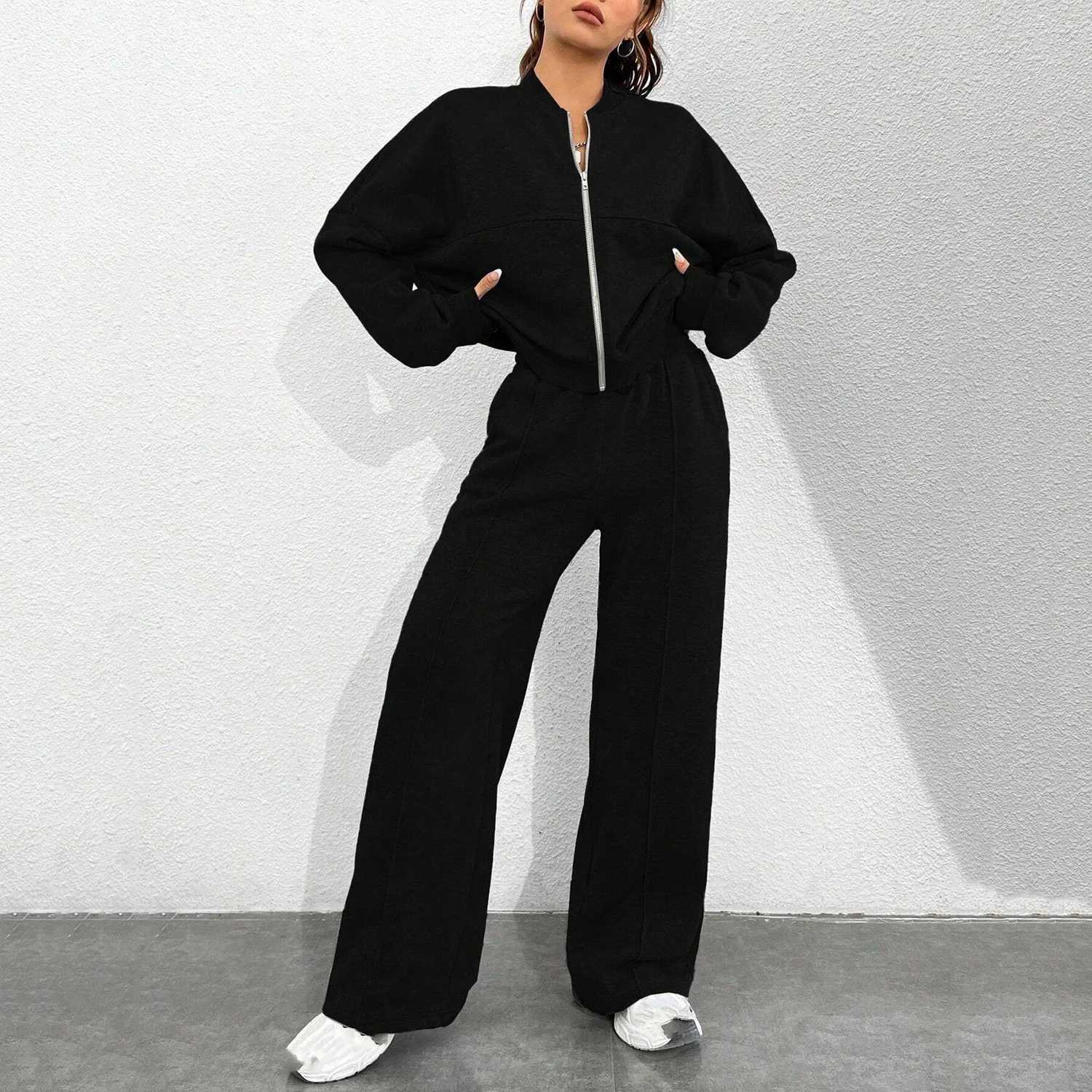 2026 New Spring Womens Zip Up Bomber Jacket and Drawstring Flared Pants Suit Fashion Casual Cozy Daily Sporty Simple Style Sets M260313