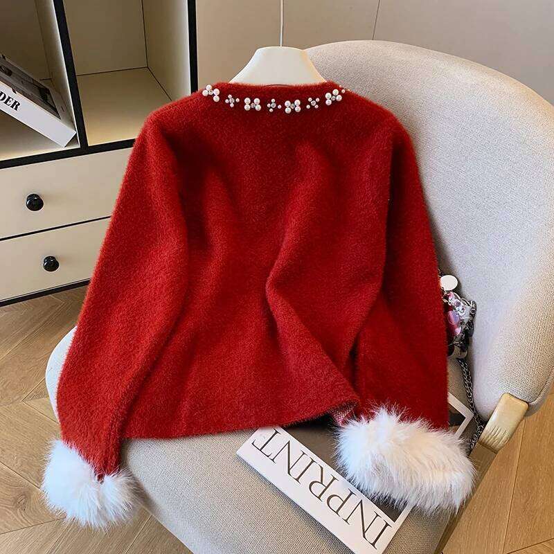 Women Knitted Cardigan Nail Bead Round Neck Long Sleeve Splicing Plush Design Autumn Winter New Style Western Sweater Coat Z260313