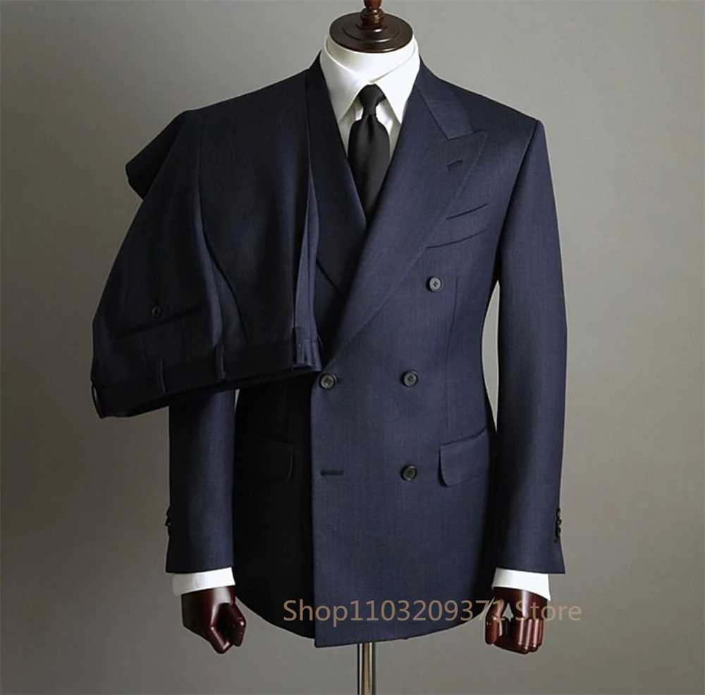 2024 New Men Casual Boutique Business Slim Solid Color Double Breasted Formal Suit 2 Pcs Set Dress Blazers Jacket Pants Trousers M260313