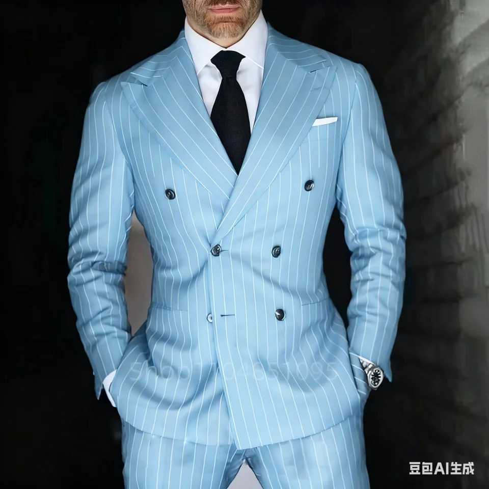 Mens 2-Piece Suit Set Slim Fit Double Breasted Lapel Formal Grey Blue Marine JaCKet And Trousers Ensemble M260313