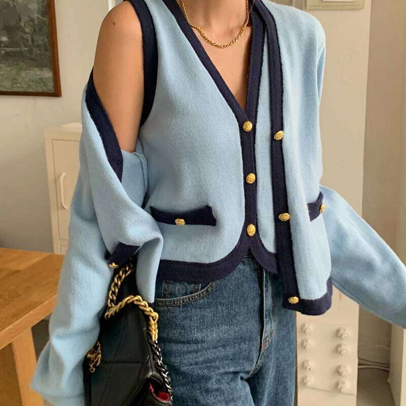 New High Quality Spring Knitted Long Sleeve V-neck Cardigan Coat + Sexy Short Camisole Crop Top Sweater Two Piece Sets Elegant Z260313