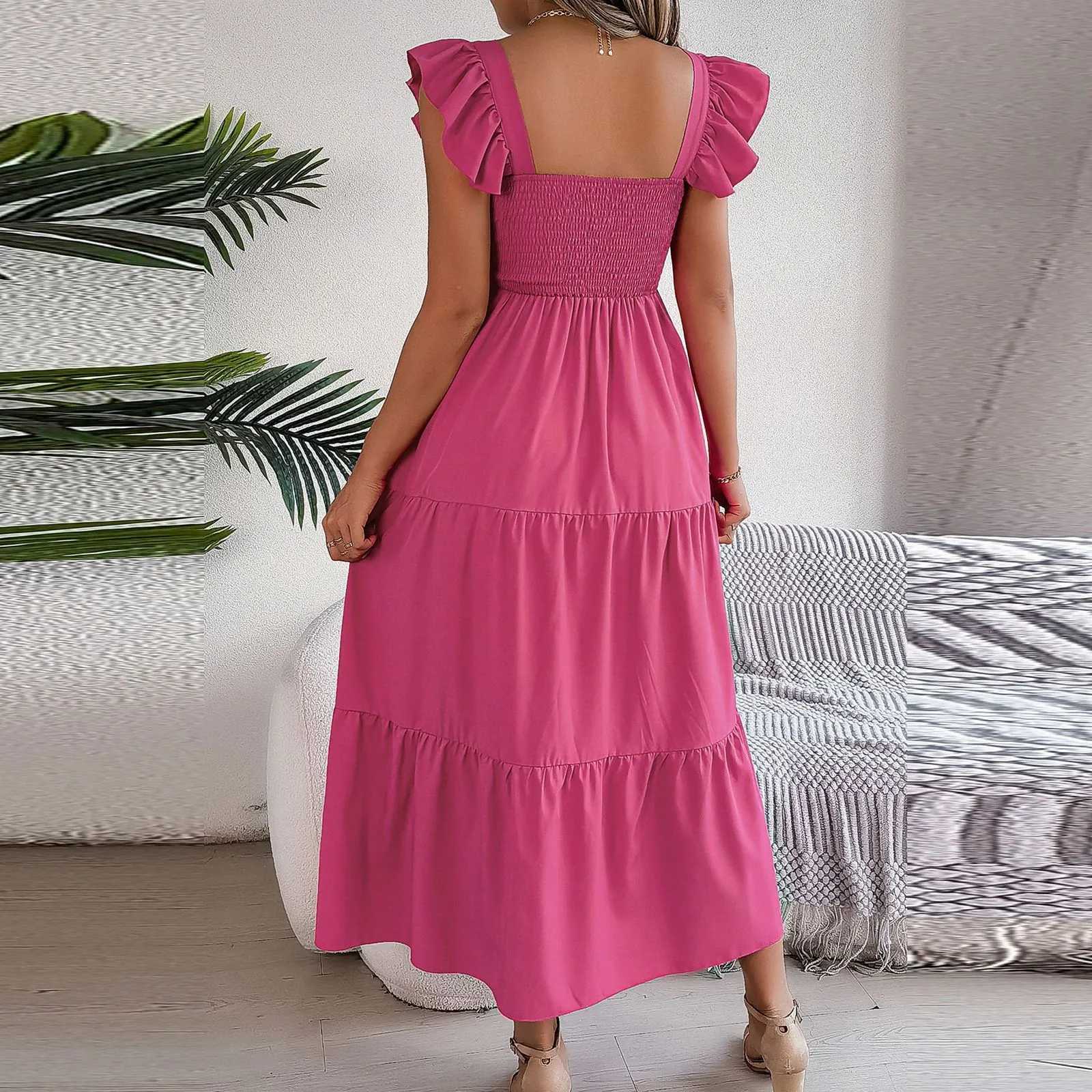 2024 Summer Solid Tank Long Dress For Women Square Collar Sleeveless A-Line Maxi Dress Backless Slim Waist Pleated Beach DressesT260316