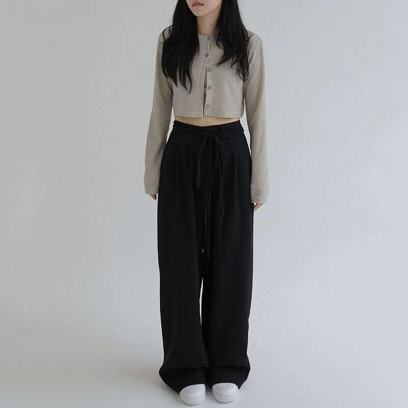 Korean Clothes High Waist Trousers Lace Up Loose Straight Women Pants Casual Black Pantalon Femme Grey Spodnie Damskie 5B058 210429 Z260314