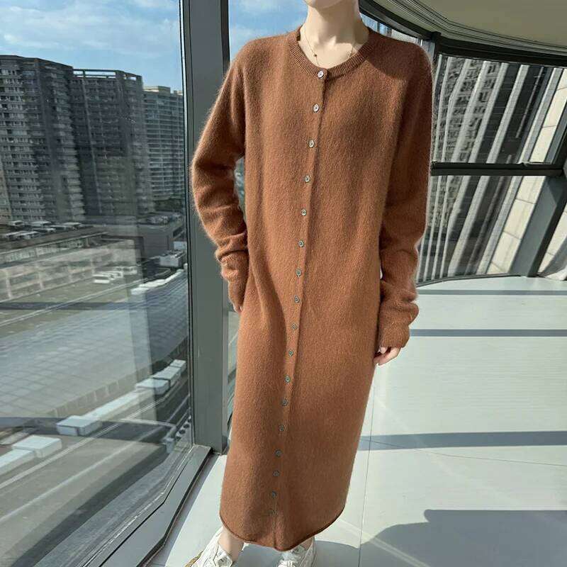 Fall/Winter 2025 Loose New Mink Cashmere Lapel Long Dress Knitted Plus Size Sweater Z260313