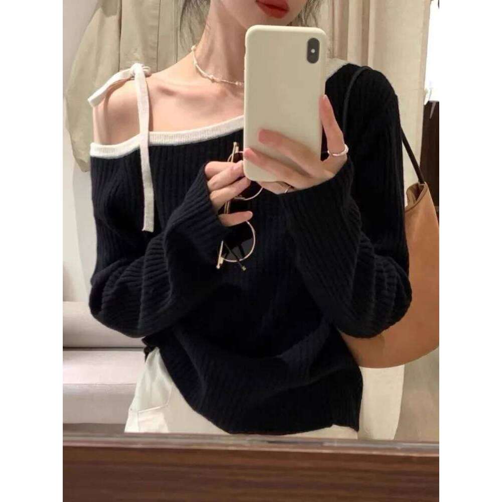 FalFashion Autumn Women Knitted Top Fall Pullover Off-shoulder Sweater Elegant Korean Style Knitwear Long Sleeve Casual Clothing Z260313