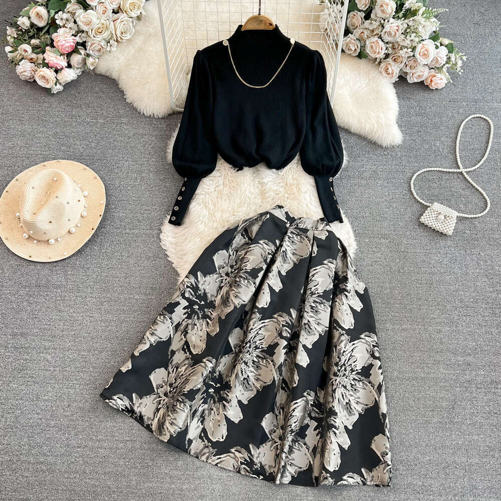 Autumn and Winter Korean Elegant Lantern Long Sleeve Stand Collar Loose Knitted Top Two Piece Set High Waist A-line Skirt 2026