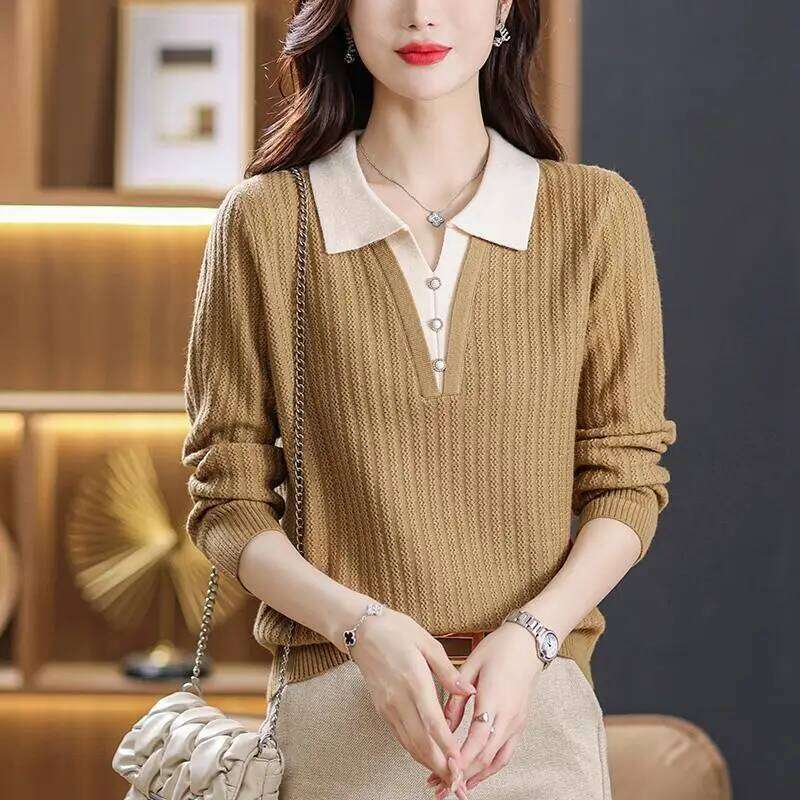 Autumn Winter Fashion Polo-Neck Knitted Pullovers Women's Clothing Elegant Simplicity Solid Fake Two Pieces Sweaters for Female Z260313