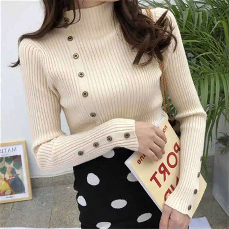 Long Sleeve Black Knitted Pullovers Fashion Mock Neck Knit Sweater Pullover Tops Women Clothing 2025 Q1662 Z260314