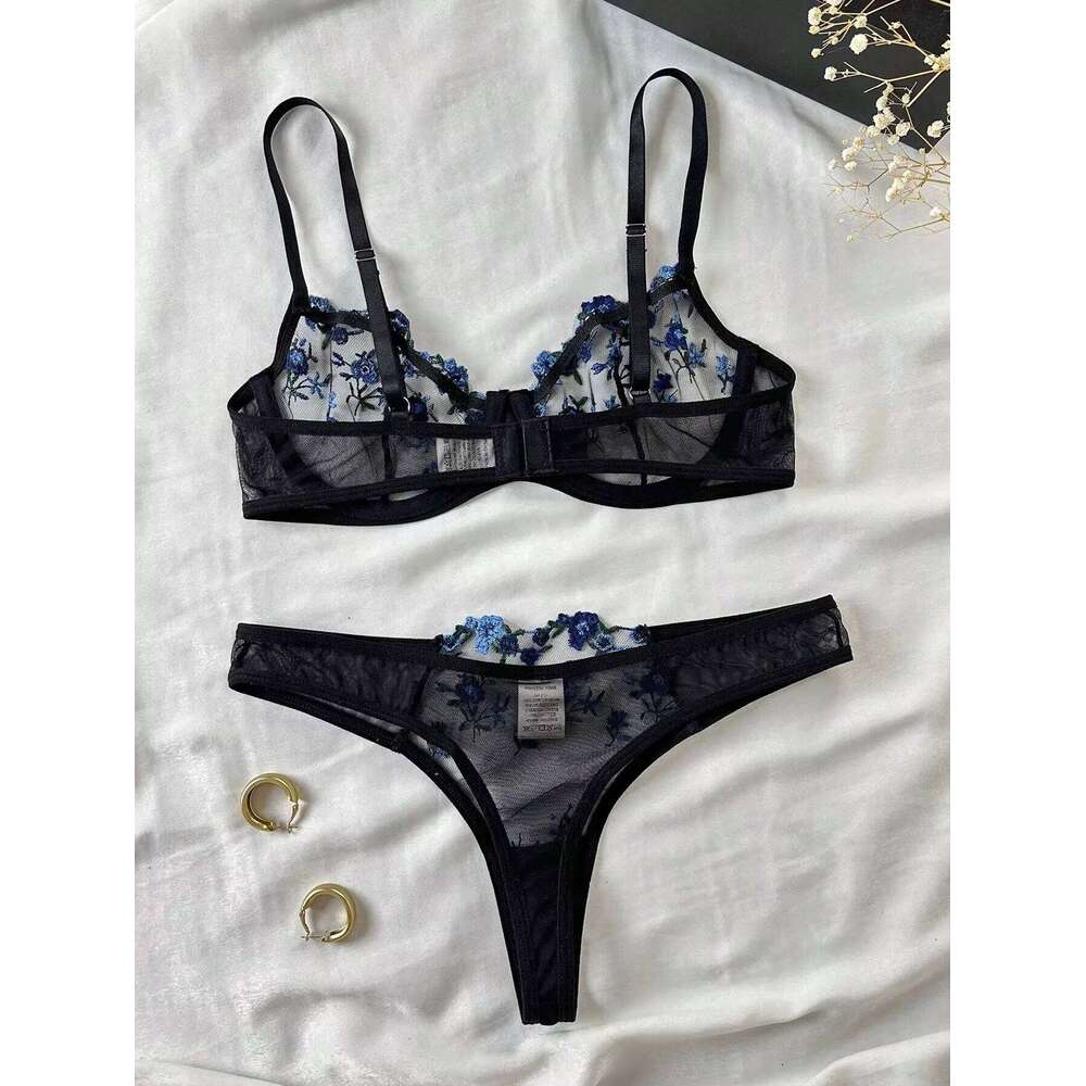 Erotic Embroidery Blue floral fragments Lace Babydoll Sensual Lingerie Bra For Women Underwear Intimate Sexi Panty Set 2024
