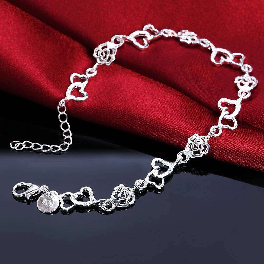 Beautiful 925 Sterling Silver Bracelet for women bracelet HEART lovely FLOWER chain fashion Wedding Party cute lady nice jewelry Z260313