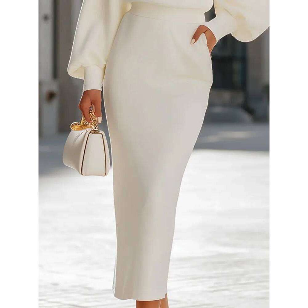 Freeacy 2025 Autumn Stylish Women's White Relaxed Fit Midi Dress Round Neck Lantern Sleeves High Waist Party Dresses Z260313