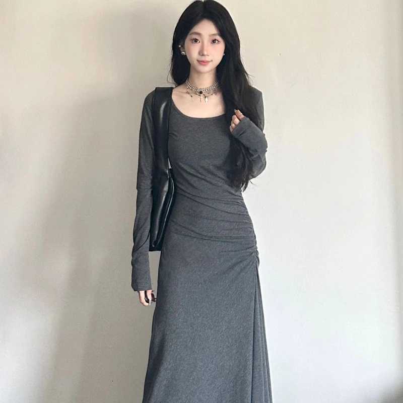 Irregular Y2k Long Dress Women High Waisted Sleeve Solid Basics Elegant Korean Fashion Streetwear Minimalist Sexy VintageT260314