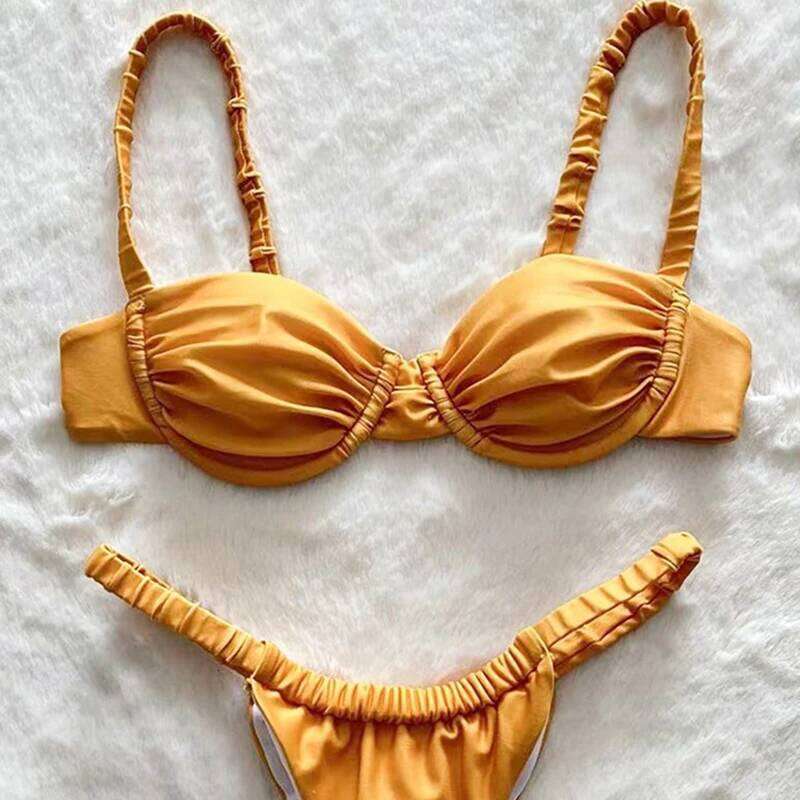 Trendy Pleated Micro Swimsuit Women Sexy Suspender G-string Split Bikini Set Summer 2025 New Spice Girl Beachwear 2 Piece Y260303