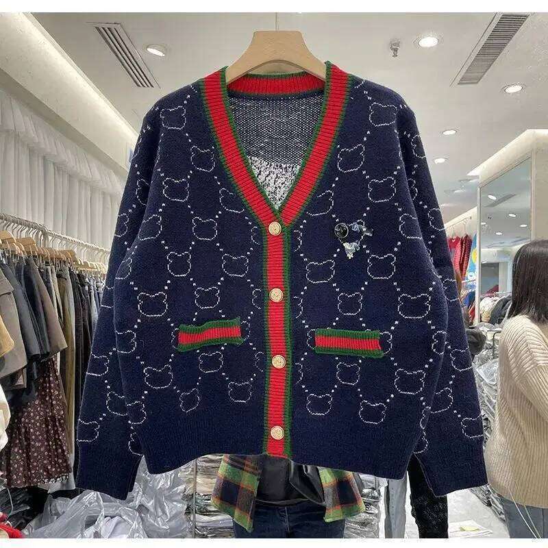 V-neck Embroidered Knitting Cardigan Coat Women Autumn Winter Fashion Loose Long Sleeve Sweater All-match Trend Knitwear Tops Z260313