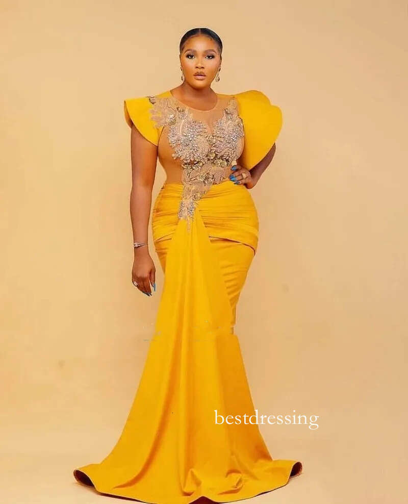 Arabic Style Mermaid Prom Party Dresses Gold Satin Sheer Neck Lace Appliques Plus Size Formal Ocn Gowns Robe De Soiree B0313