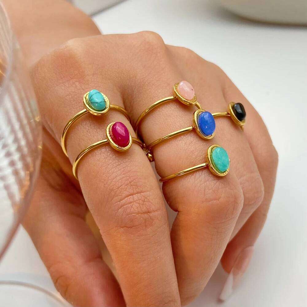 Stainless steel 18k Gold plated Minimalist Natural stone Obsidian Adjustable Stackable ring for Women H260312