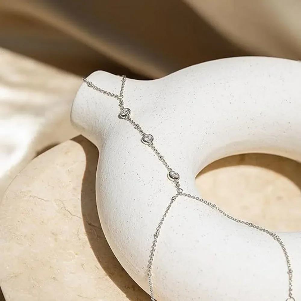 Temperament Gold Color Stainless Steel Finger Chain Round Bead Zircon Ring Link Bracelet for Women Personality Jewellery Gifts 260313