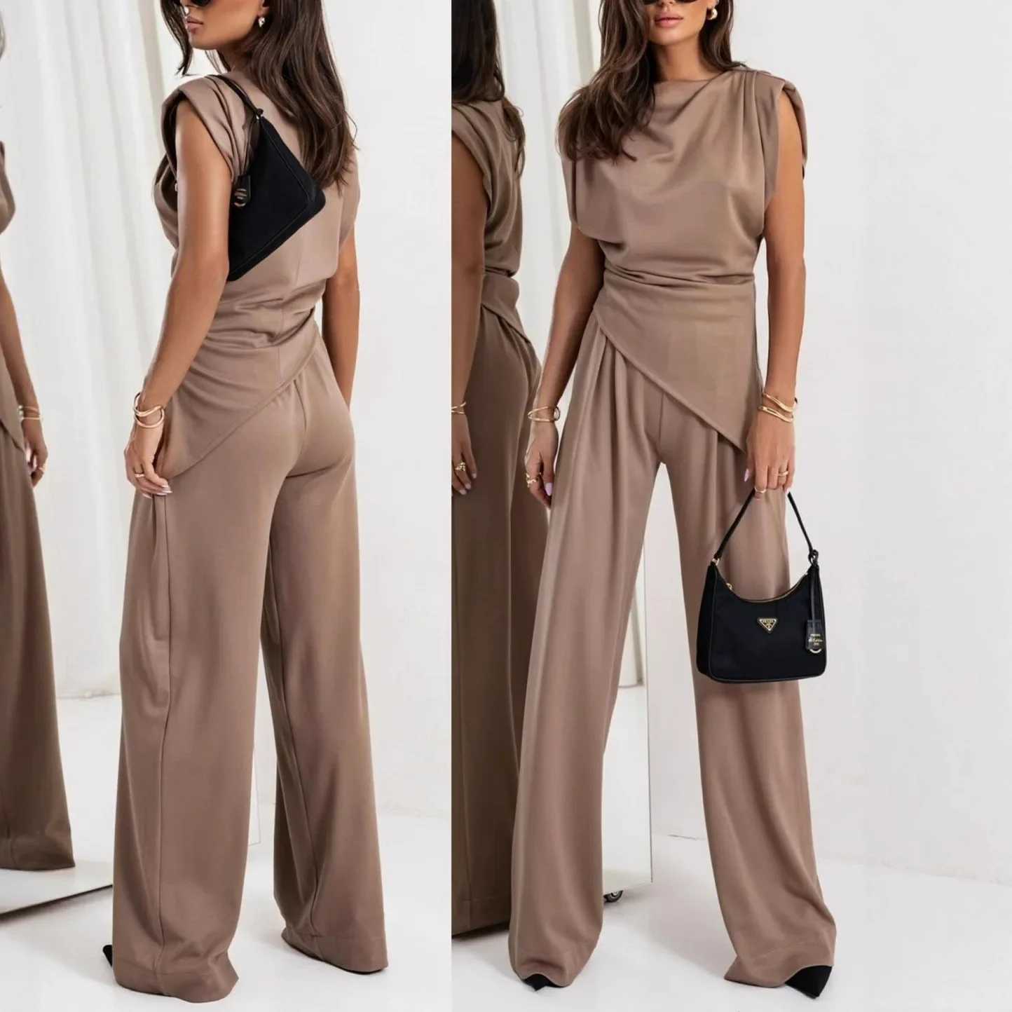 womens clothing set in Europe and America featuring solid colors irregular short-sleeved shirts and loose trousers M260313