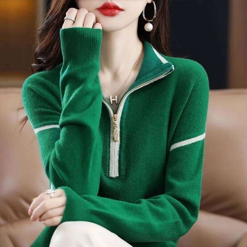 2024 Polo Collar Wool Women's New Half High Zipper Loose Outer Hoodie High-End Base Knit Sweater Solid Color Jacket Lady Z260314